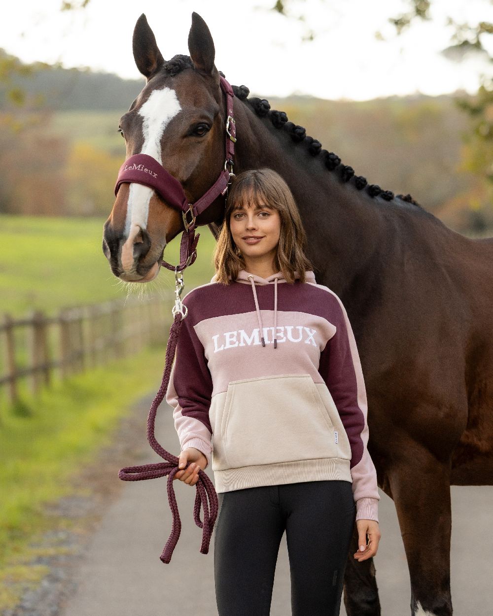 Wild Rose Coloured LeMieux Womens Kadie Colour Block Hoodie on Outdoor Background 
