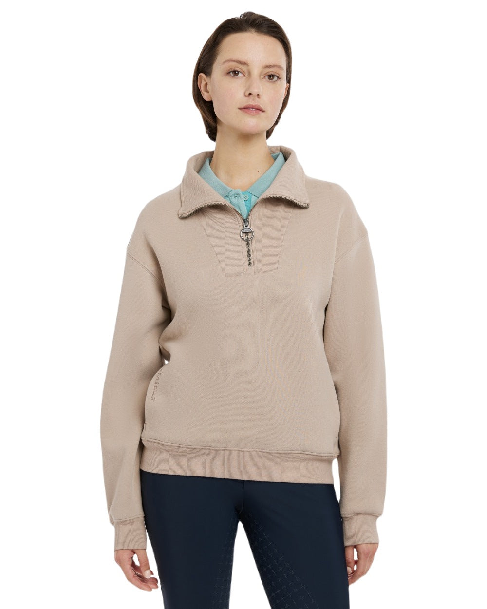 Almond coloured LeMieux Womens Keira Quarter Neck Sweatshirt on white background 