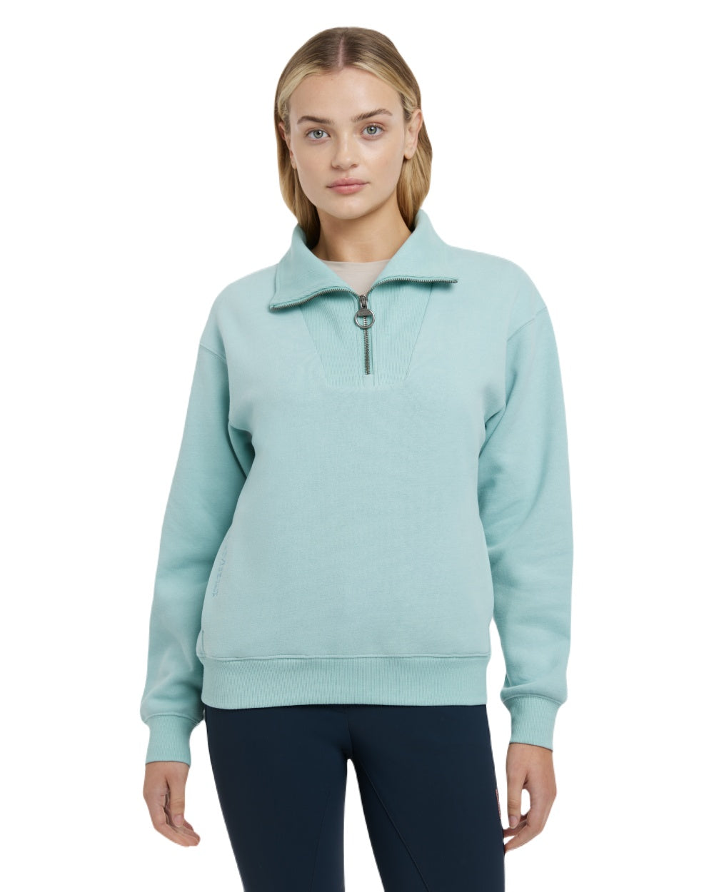 Aqua coloured LeMieux Womens Keira Quarter Neck Sweatshirt on white background 