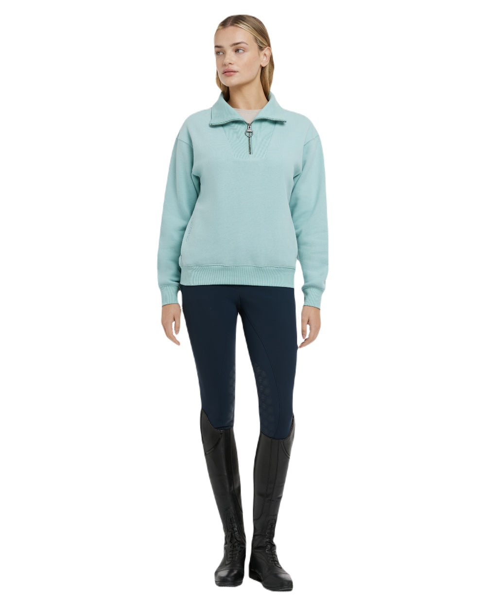 Aqua coloured LeMieux Womens Keira Quarter Neck Sweatshirt on white background 
