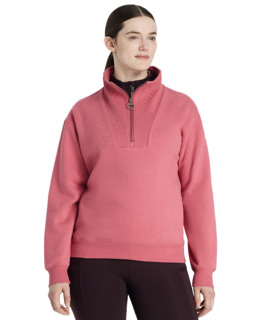 Cranberry coloured LeMieux Womens Keira Quarter Neck Sweatshirt on white background 