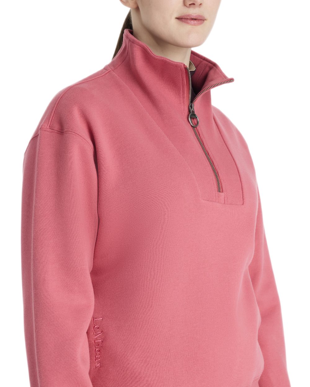 Cranberry coloured LeMieux Womens Keira Quarter Neck Sweatshirt on white background 