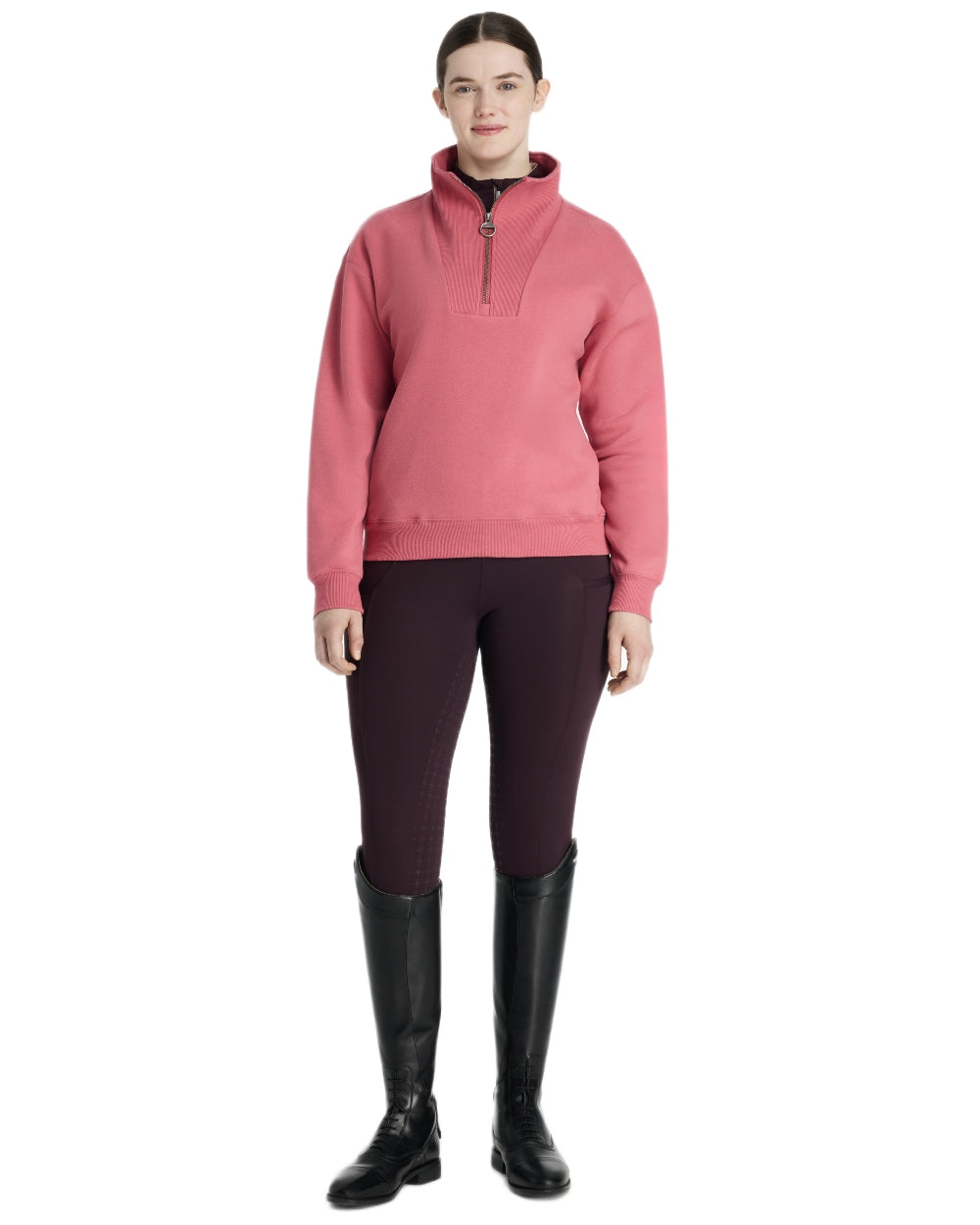 Cranberry coloured LeMieux Womens Keira Quarter Neck Sweatshirt on white background 