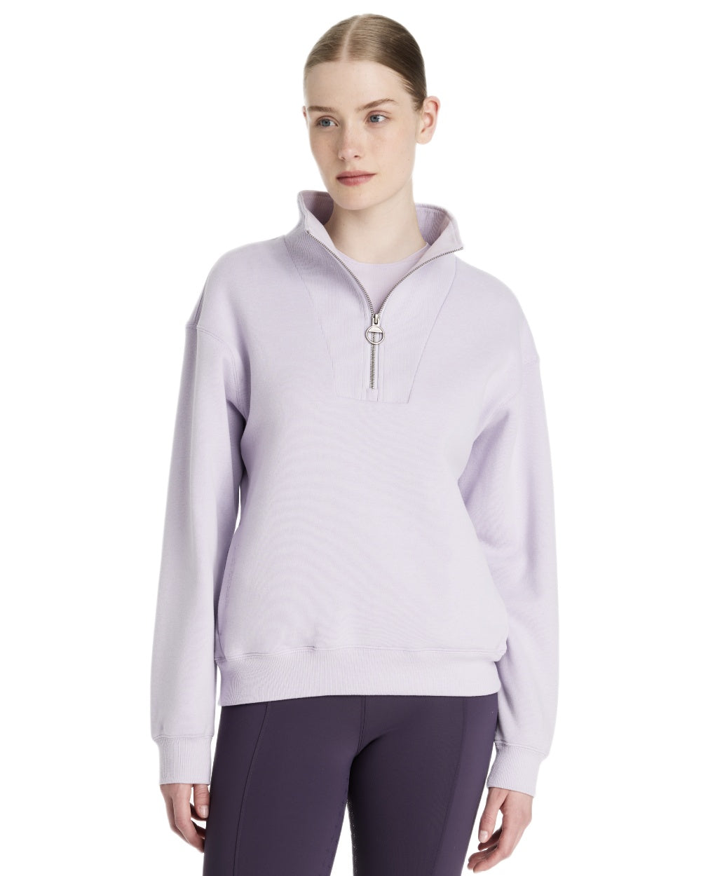 Lilac coloured LeMieux Womens Keira Quarter Neck Sweatshirt on white background 