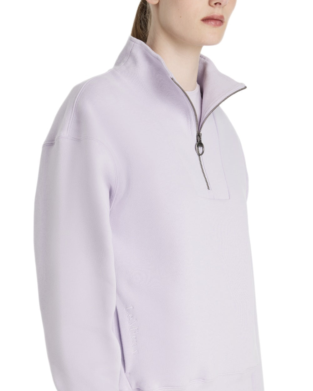 Lilac coloured LeMieux Womens Keira Quarter Neck Sweatshirt on white background 