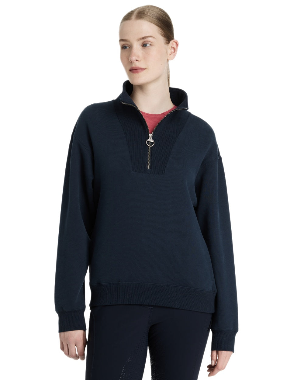 Navy coloured LeMieux Womens Keira Quarter Neck Sweatshirt on white background 