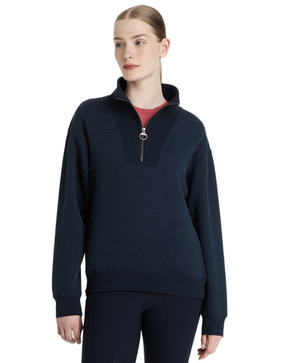 Navy coloured LeMieux Womens Keira Quarter Neck Sweatshirt on white background 