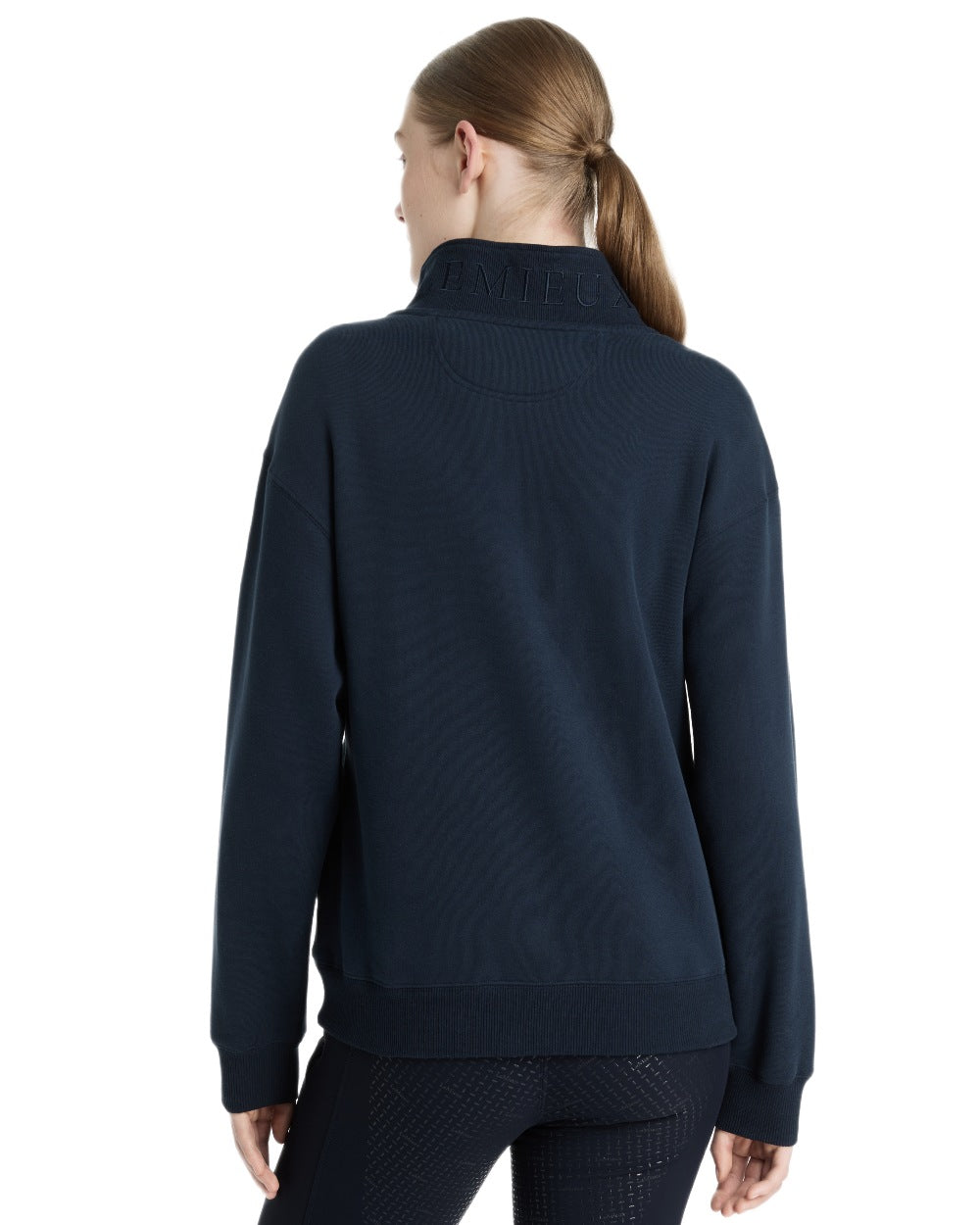 Navy coloured LeMieux Womens Keira Quarter Neck Sweatshirt on white background 