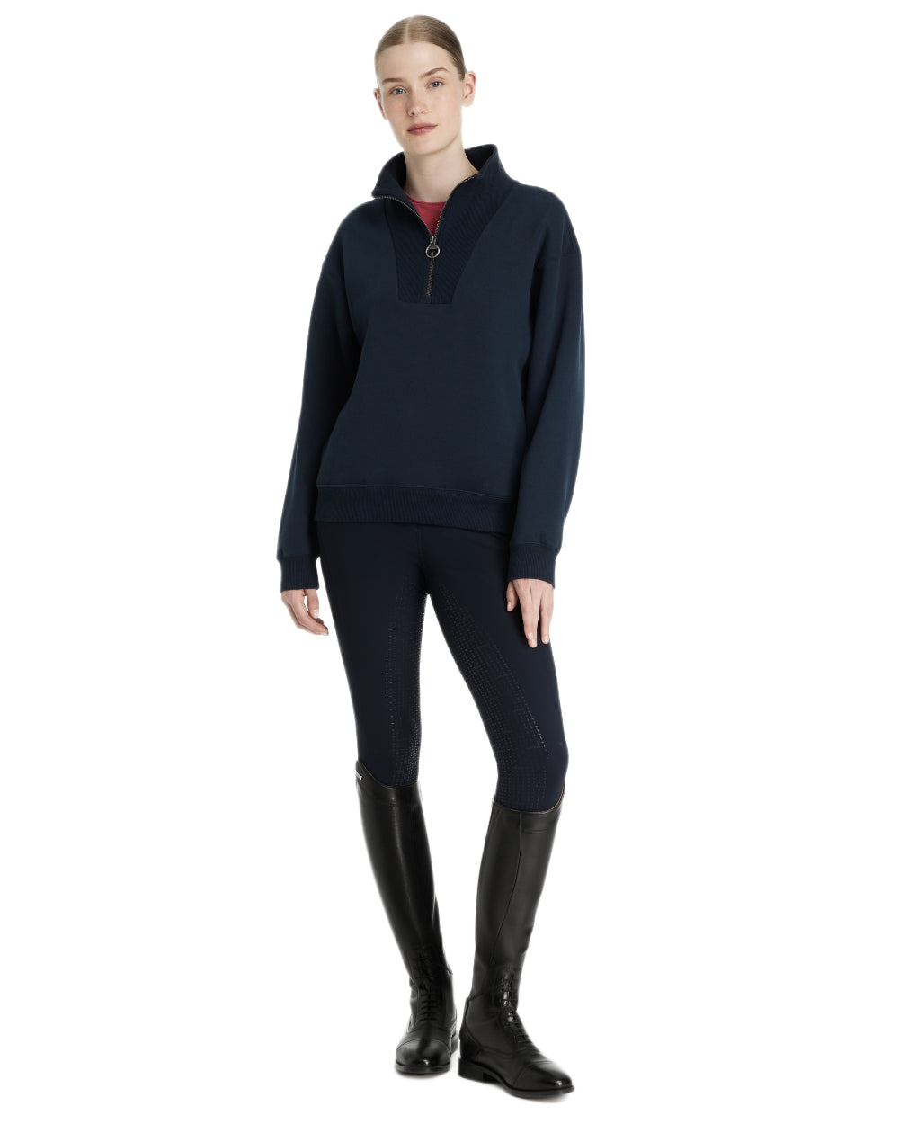 Navy coloured LeMieux Womens Keira Quarter Neck Sweatshirt on white background 