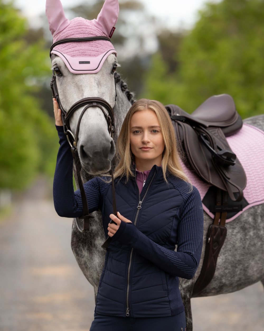 Navy coloured LeMieux Womens Maddie Jacket on outdoor background 
