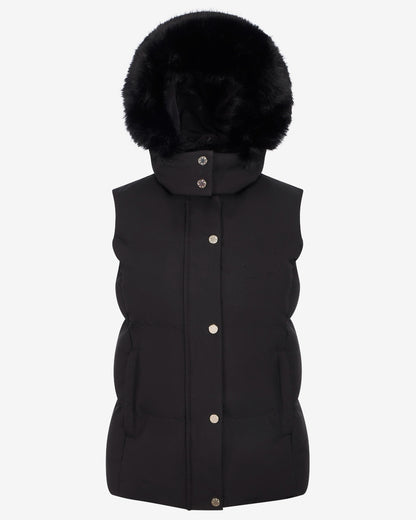 Black Coloured LeMieux Womens Margot Hooded Gilet on White Background 