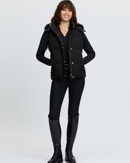 Black Coloured LeMieux Womens Margot Hooded Gilet on White Background 