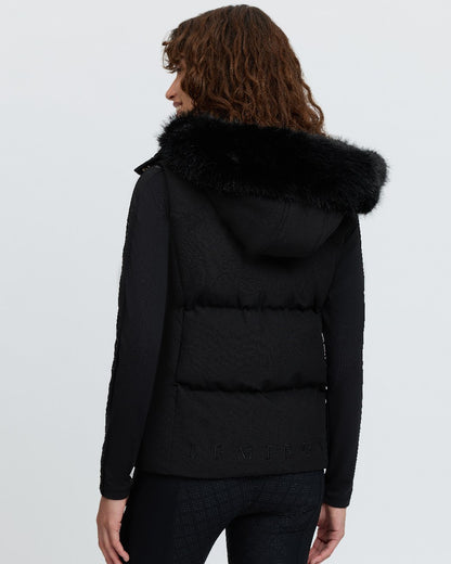 Black Coloured LeMieux Womens Margot Hooded Gilet on White Background 