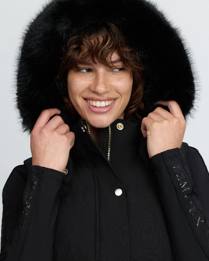 Black Coloured LeMieux Womens Margot Hooded Gilet on White Background 
