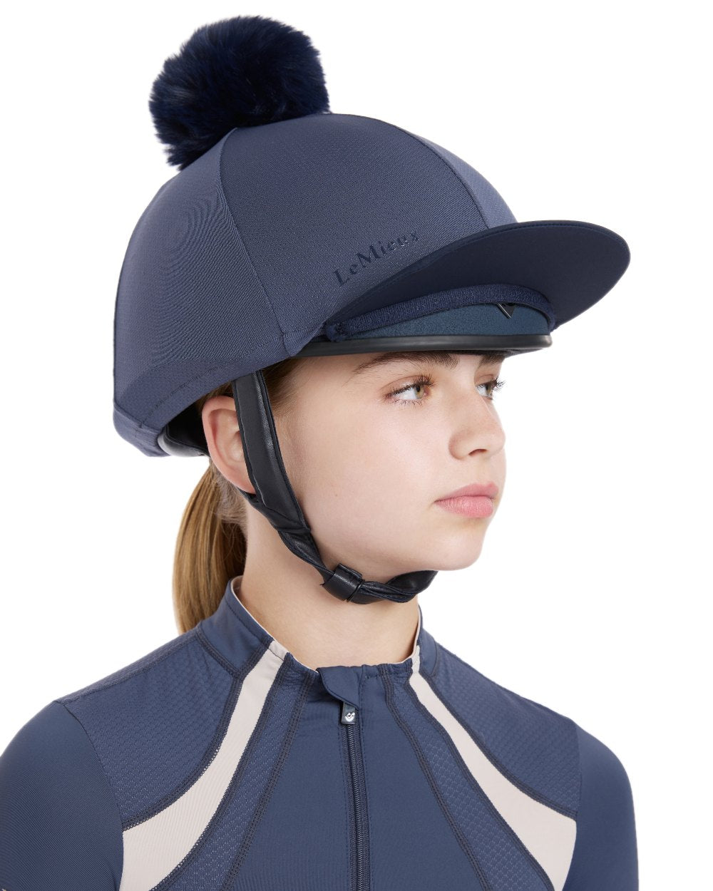 Dusk Blue coloured LeMieux Womens Maria Mesh Hat Silk on white background 
