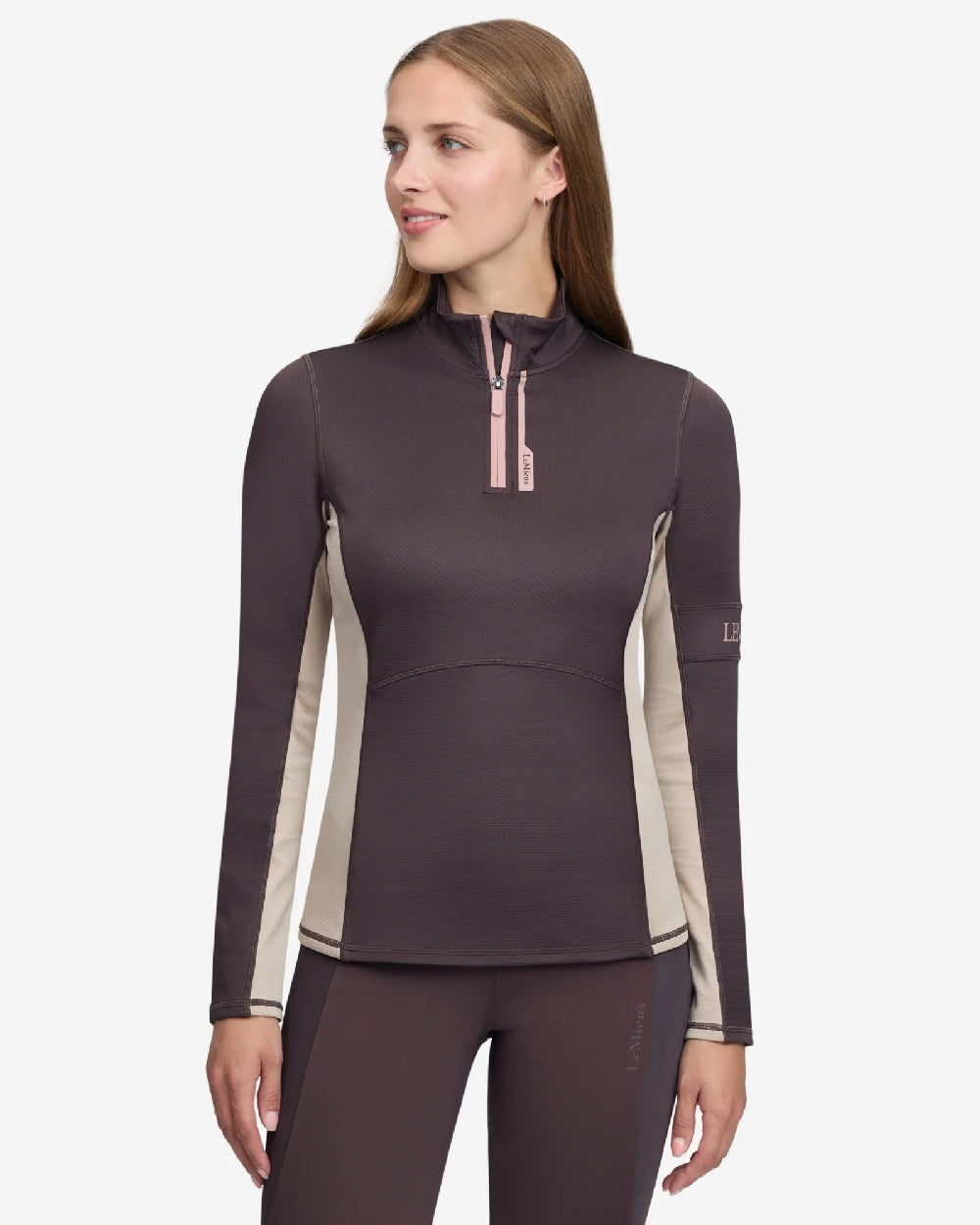 Cocoa Coloured LeMieux Womens Matidla Mid Layer on White Background 