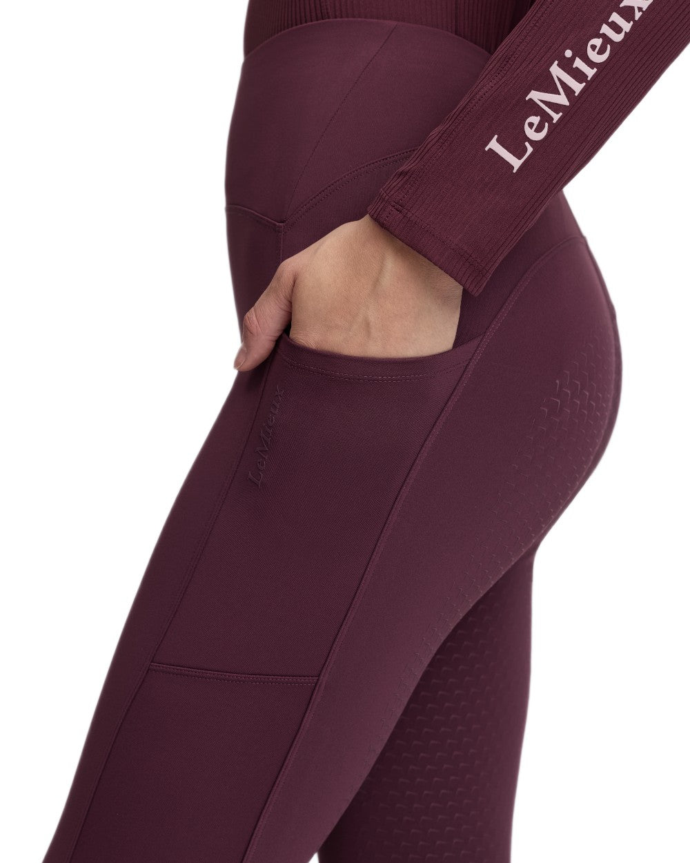 Bramble coloured LeMieux Womens Natalie Brushed Pull On Breeches on white background 