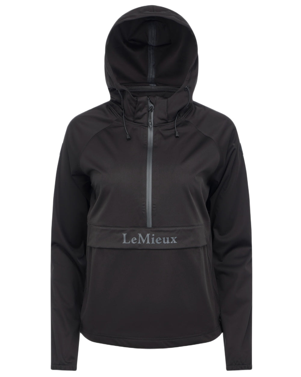 Black coloured LeMieux Womens Perri Half Zip Waterproof Jacket on white background 