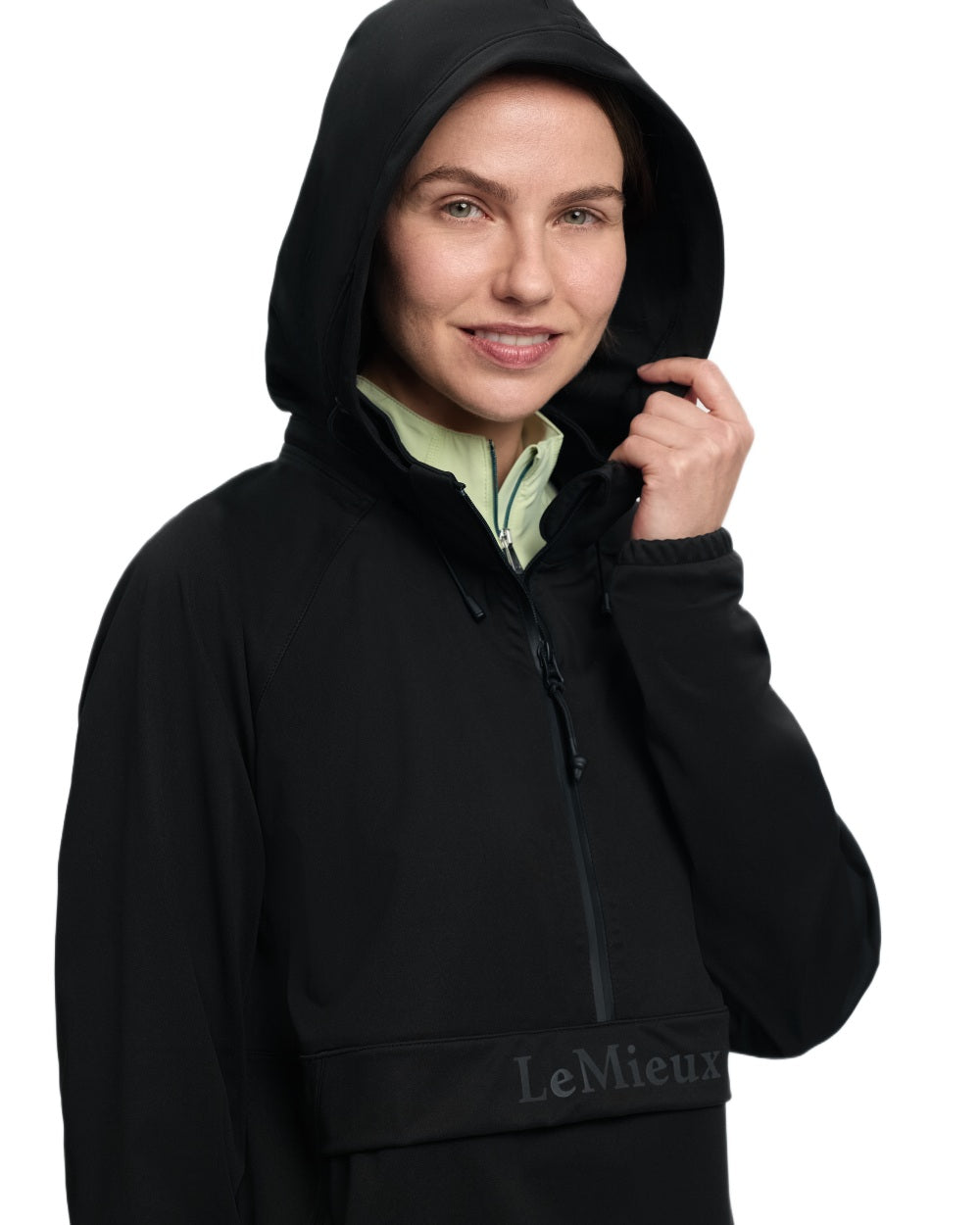 Black coloured LeMieux Womens Perri Half Zip Waterproof Jacket on white background 