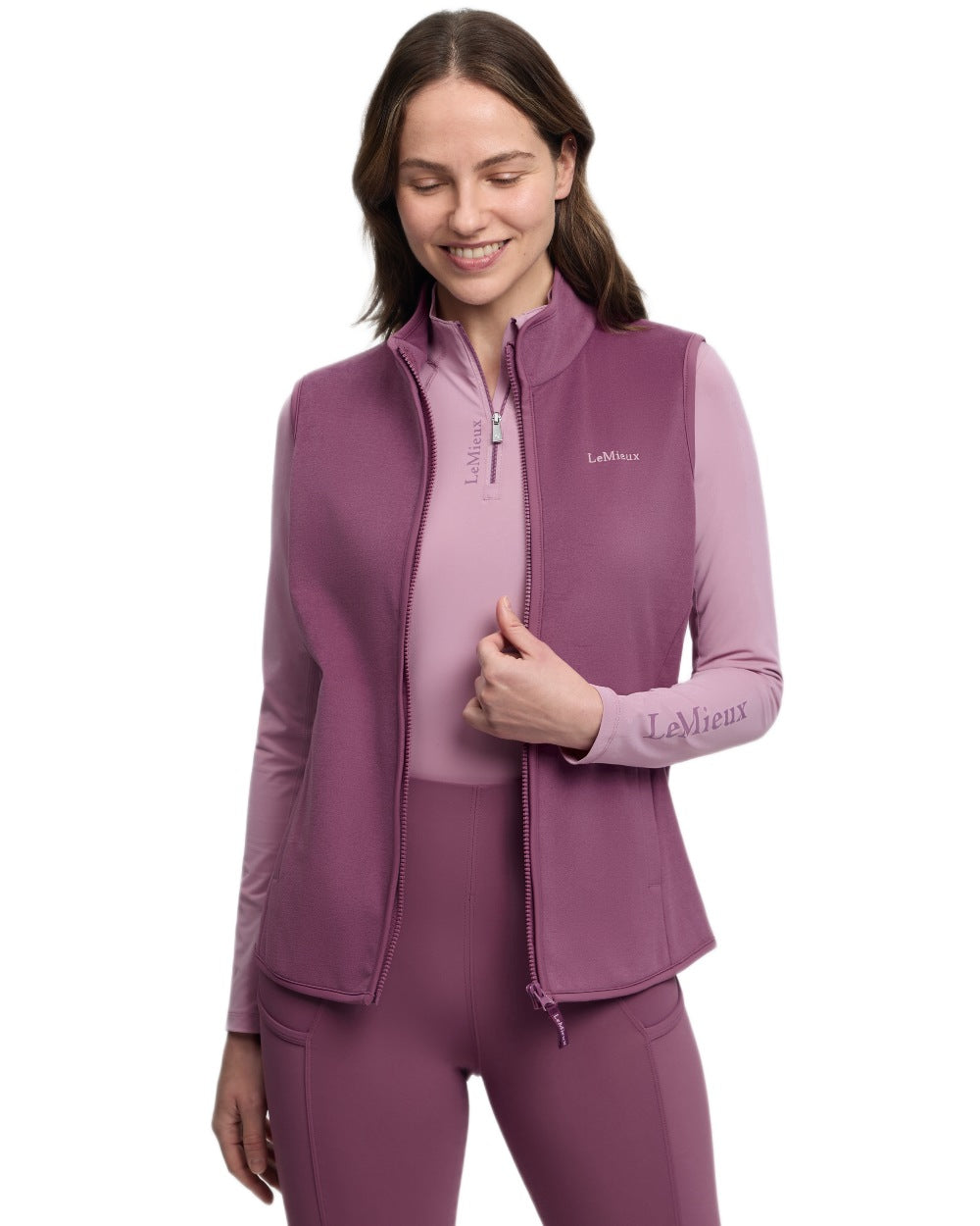 Mallow coloured LeMieux Womens Roberta Fleece Gilet on white background 