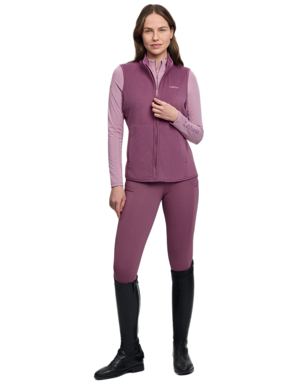 Mallow coloured LeMieux Womens Roberta Fleece Gilet on white background 