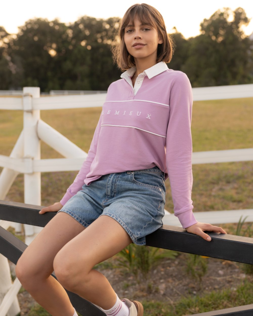 Fondant coloured LeMieux Womens Rochelle Rugby Shirt on outdoor background 