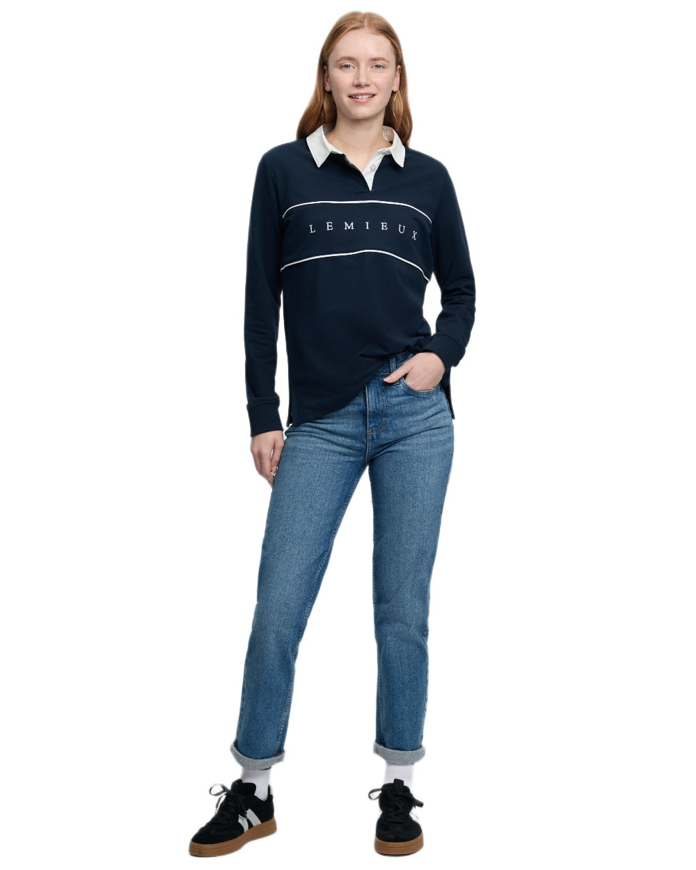 Navy coloured LeMieux Womens Rochelle Rugby Shirt on white background 