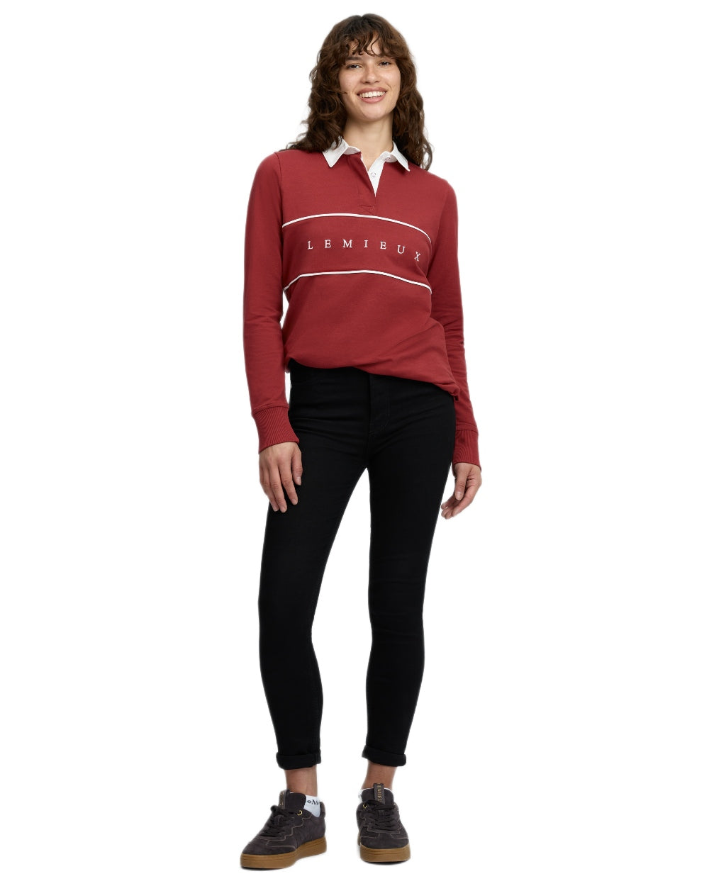 Russet coloured LeMieux Womens Rochelle Rugby Shirt on white background 