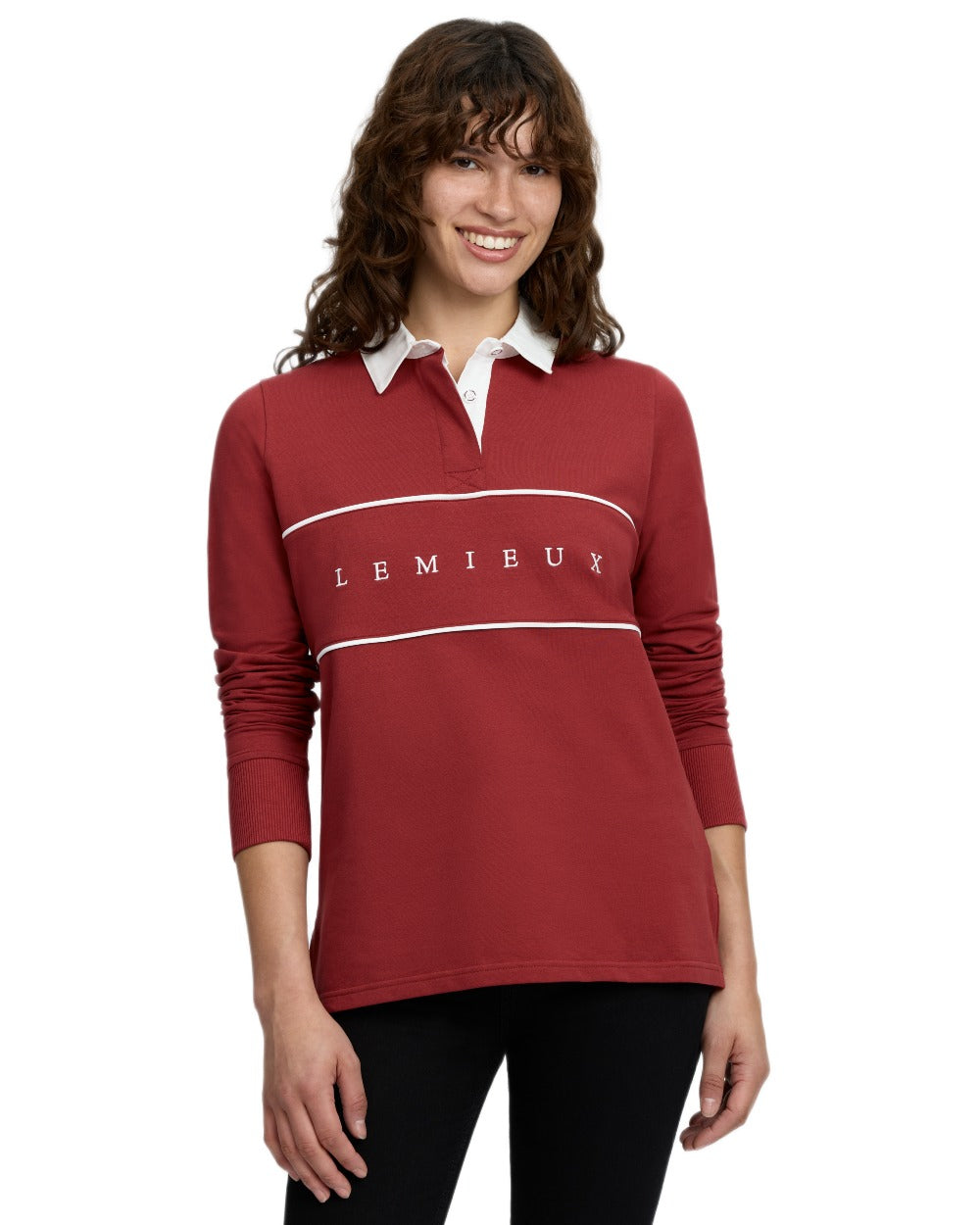 Russet coloured LeMieux Womens Rochelle Rugby Shirt on white background 