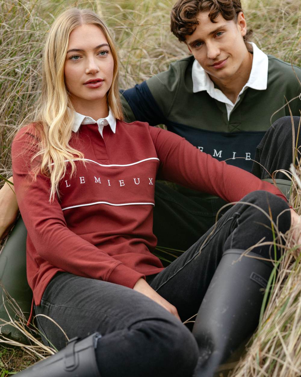 Russet coloured LeMieux Womens Rochelle Rugby Shirt on grassy background 