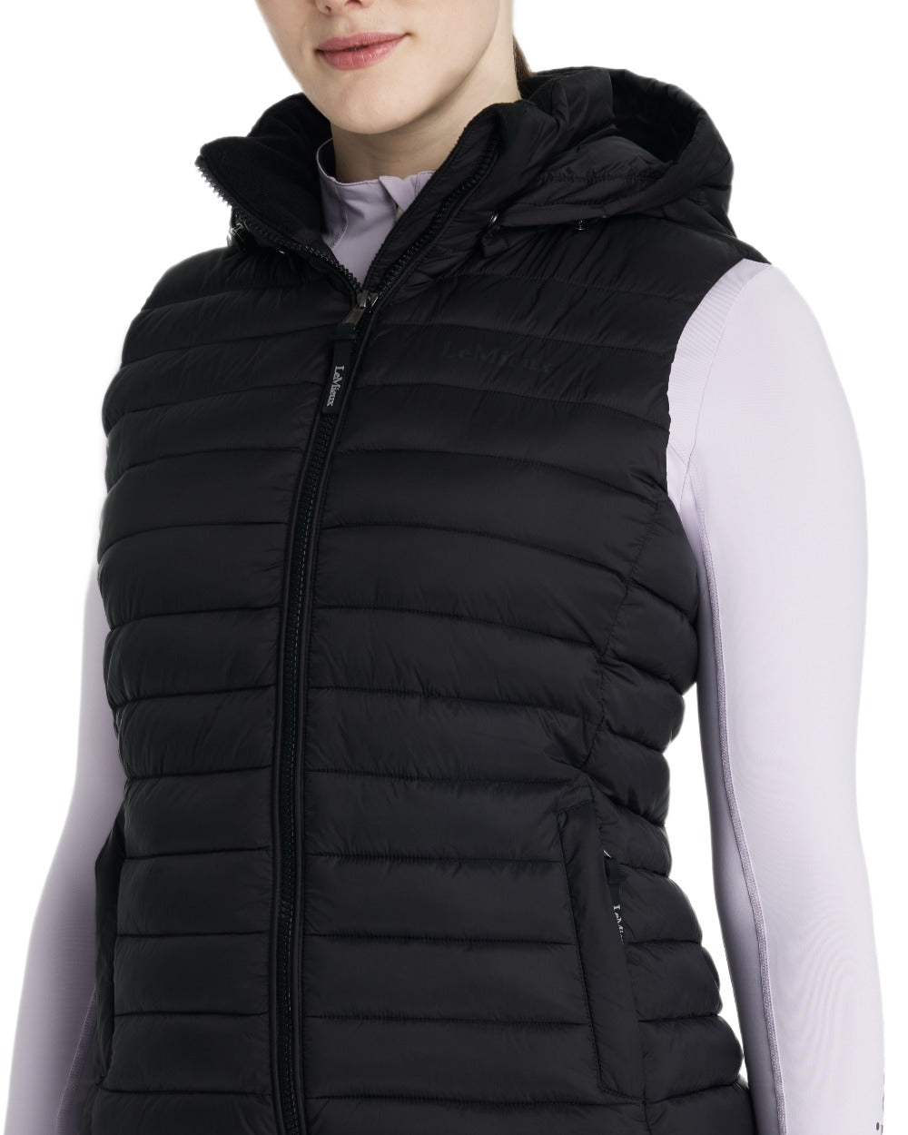Black coloured LeMieux Womens Rose Hooded Puffer Gilet on white background 