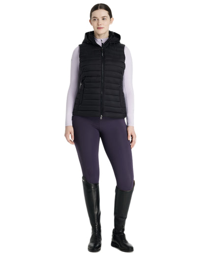 Black coloured LeMieux Womens Rose Hooded Puffer Gilet on white background 