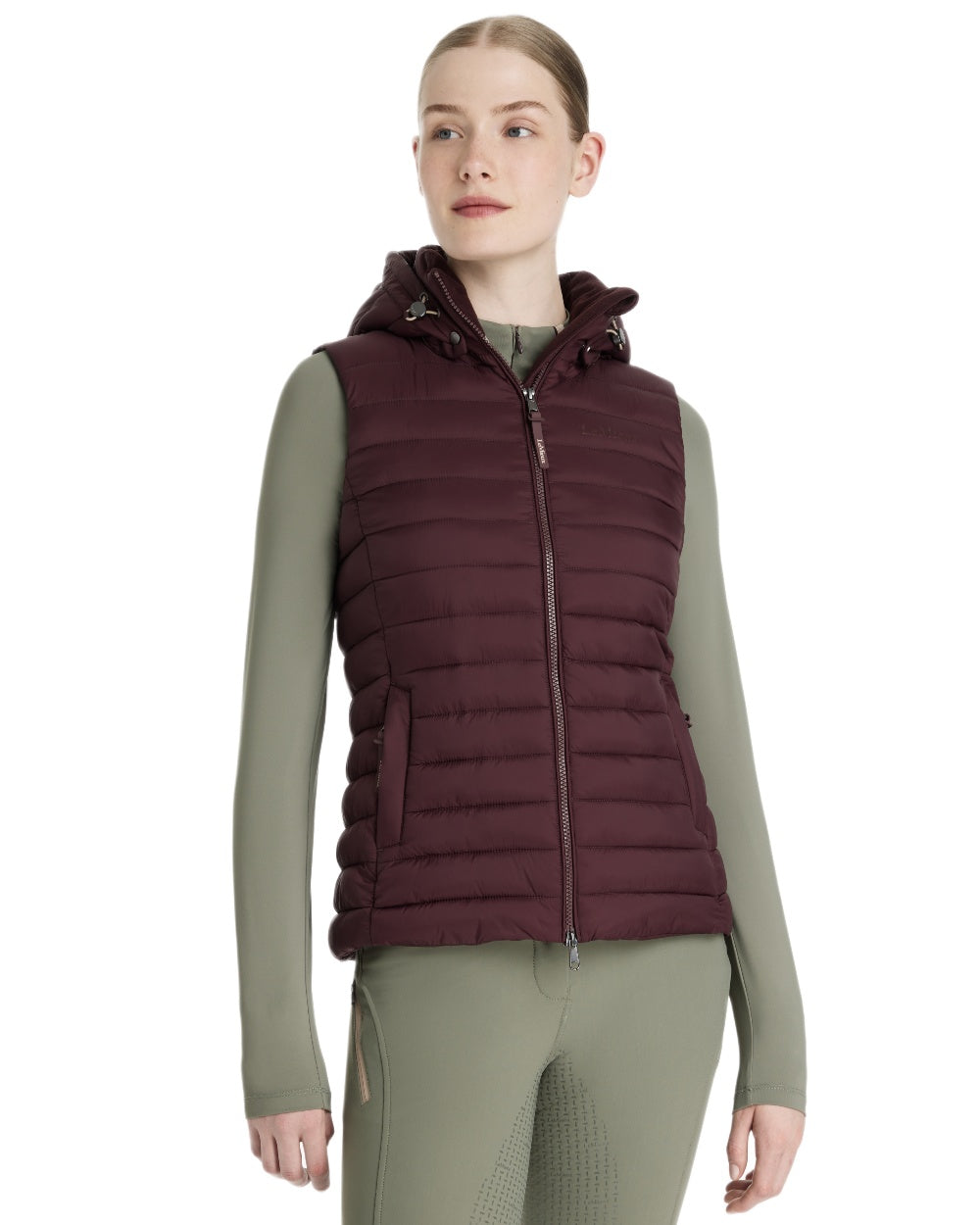 Damson coloured LeMieux Womens Rose Hooded Puffer Gilet on white background 