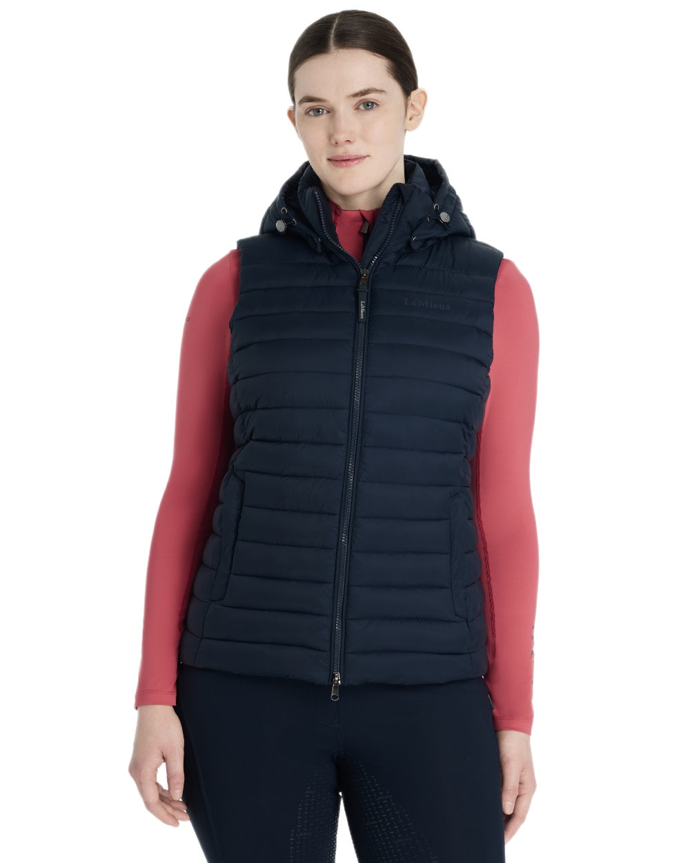 Navy coloured LeMieux Womens Rose Hooded Puffer Gilet on white background 
