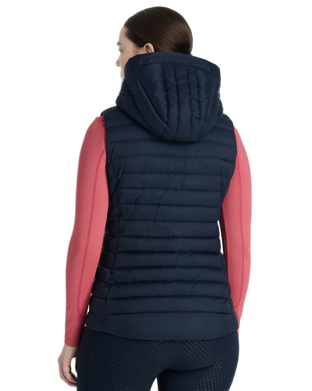 Navy coloured LeMieux Womens Rose Hooded Puffer Gilet on white background 