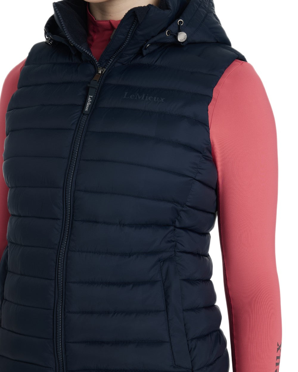 Navy coloured LeMieux Womens Rose Hooded Puffer Gilet on white background 