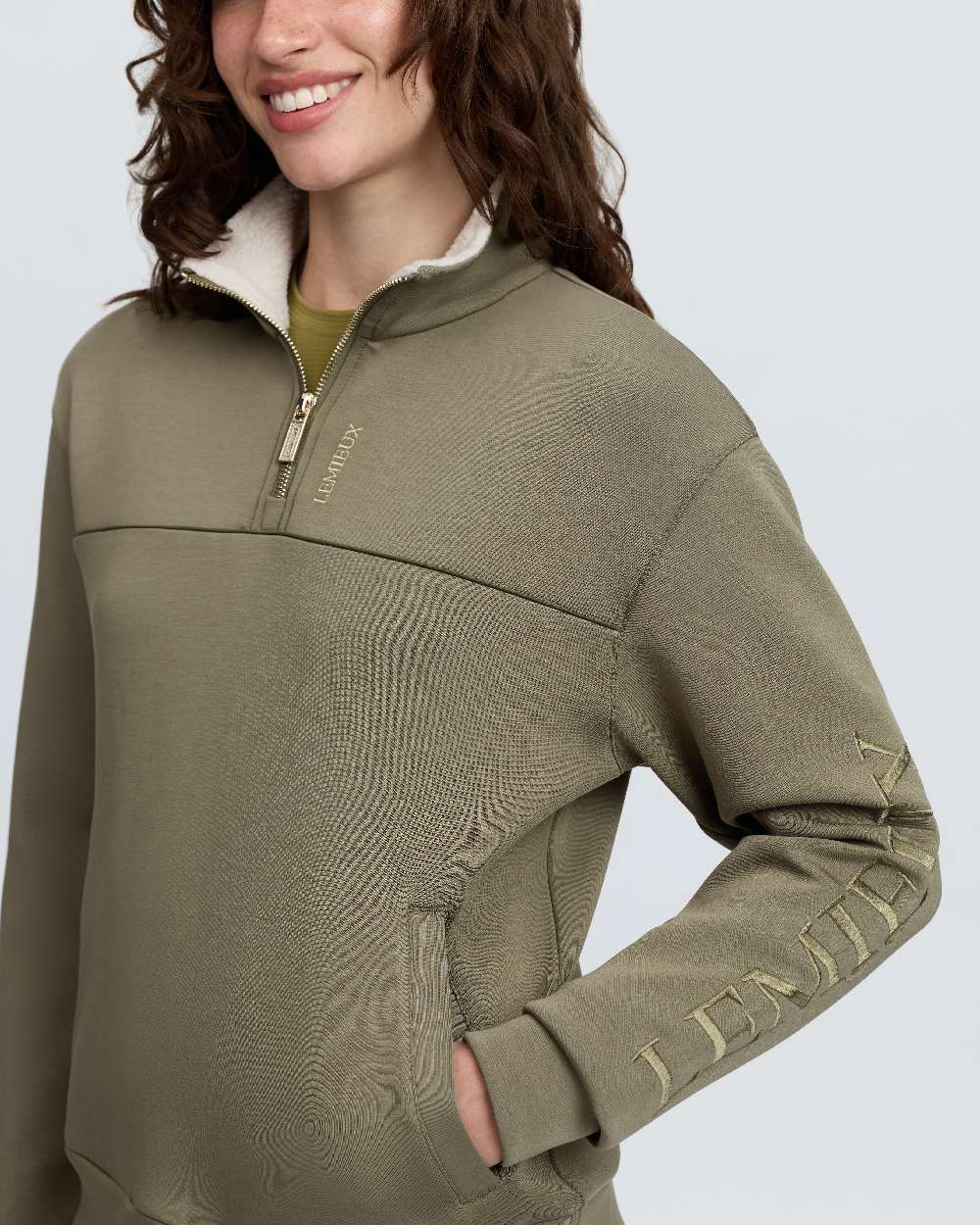 Willow Green Coloured LeMieux Womens Scarlet Quarter Zip Sweat on White Background 