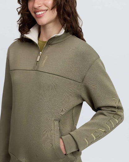 Willow Green Coloured LeMieux Womens Scarlet Quarter Zip Sweat on White Background 