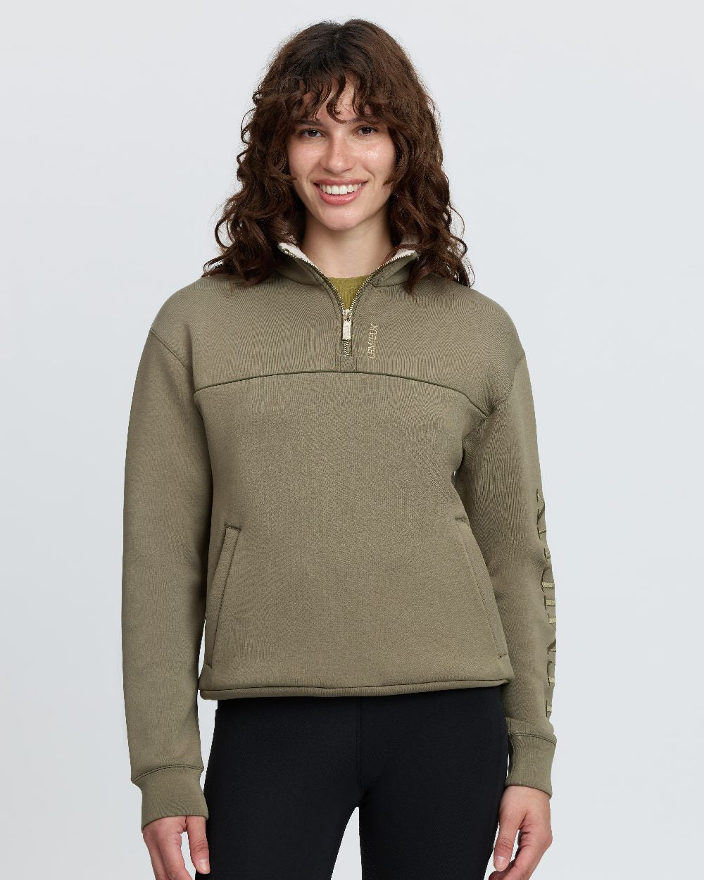 Willow Green Coloured LeMieux Womens Scarlet Quarter Zip Sweat on White Background 