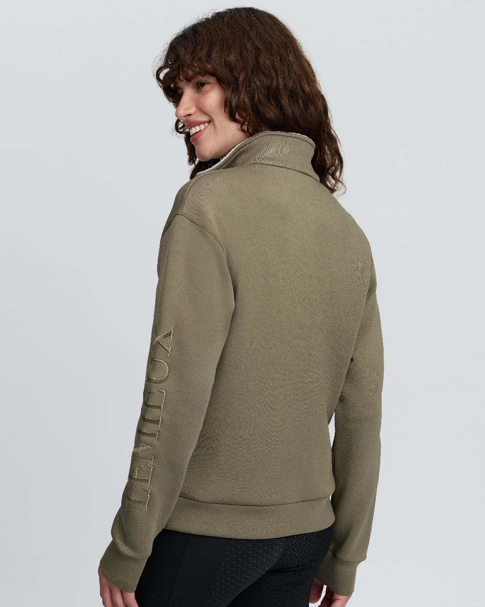 Willow Green Coloured LeMieux Womens Scarlet Quarter Zip Sweat on White Background 