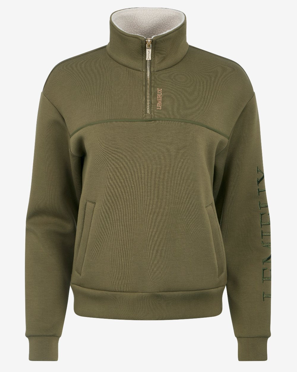 Willow Green Coloured LeMieux Womens Scarlet Quarter Zip Sweat on White Background 