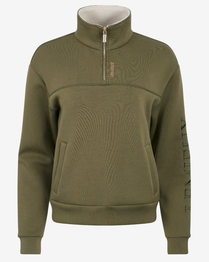 Willow Green Coloured LeMieux Womens Scarlet Quarter Zip Sweat on White Background 