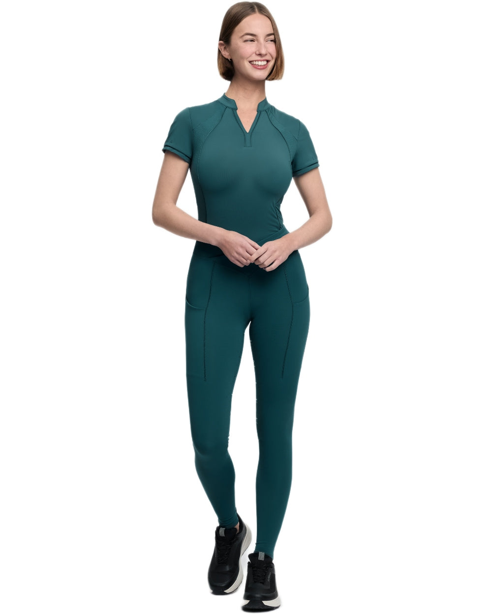 Jungle coloured LeMieux Womens Simone Cross Over Half Seat Pull On Breeches on white background 