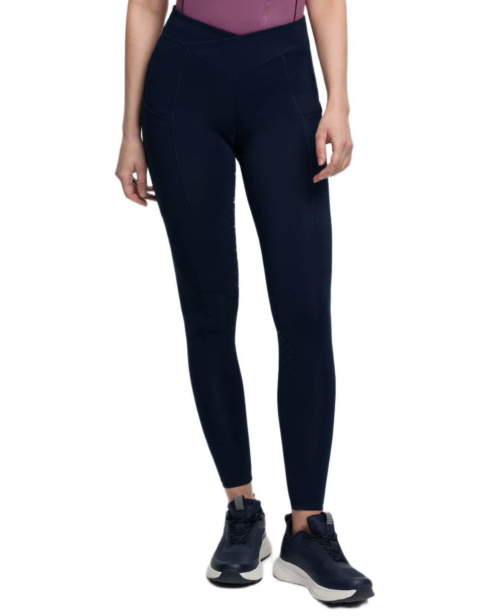Navy coloured LeMieux Womens Simone Cross Over Half Seat Pull On Breeches on white background 