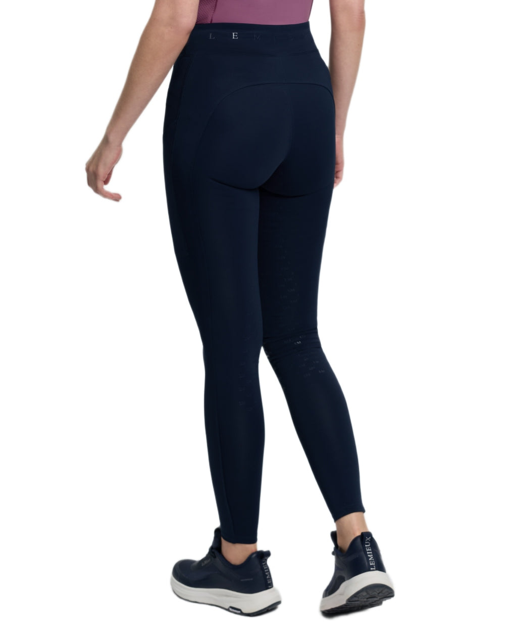 Navy coloured LeMieux Womens Simone Cross Over Half Seat Pull On Breeches on white background 