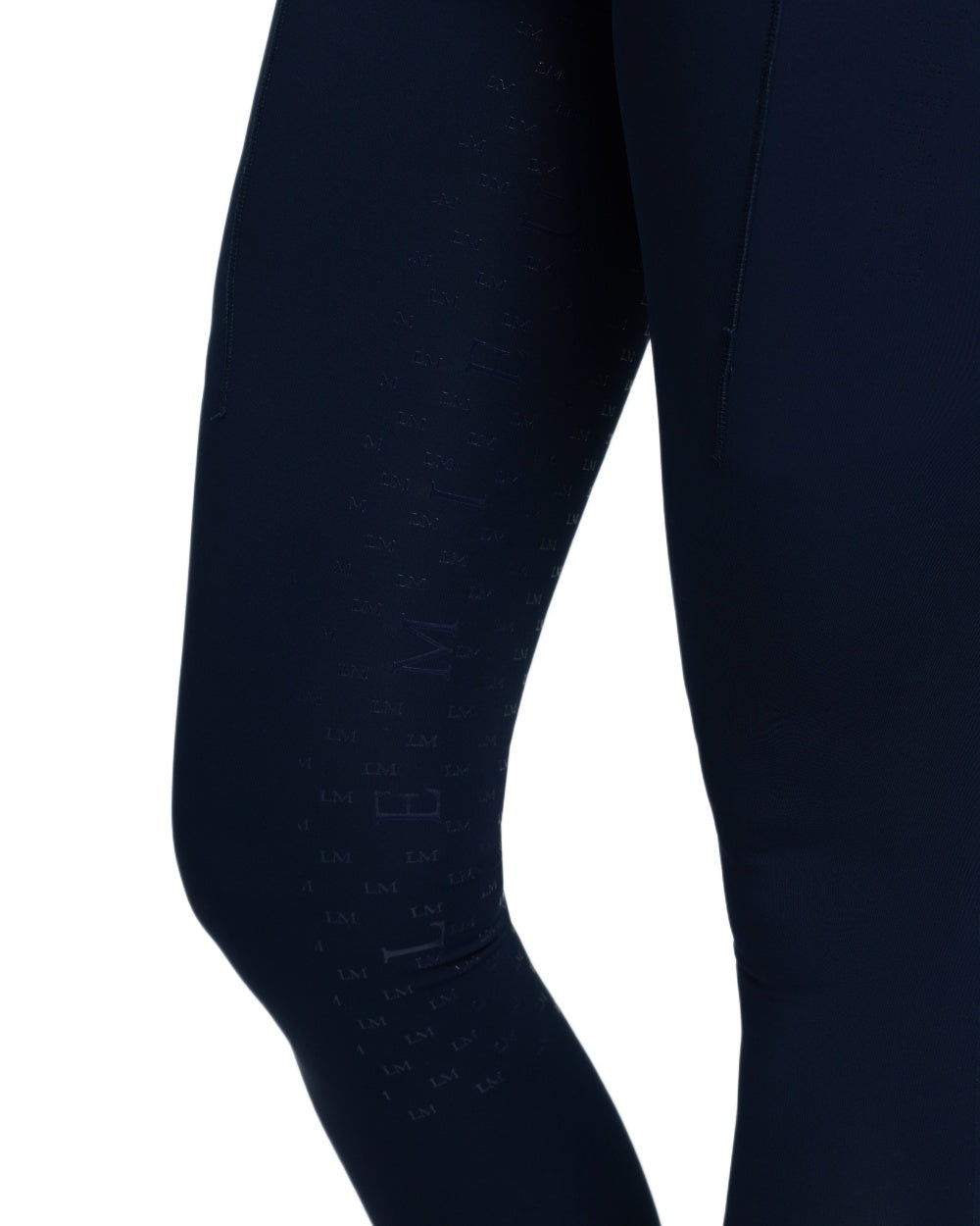Navy coloured LeMieux Womens Simone Cross Over Half Seat Pull On Breeches on white background 