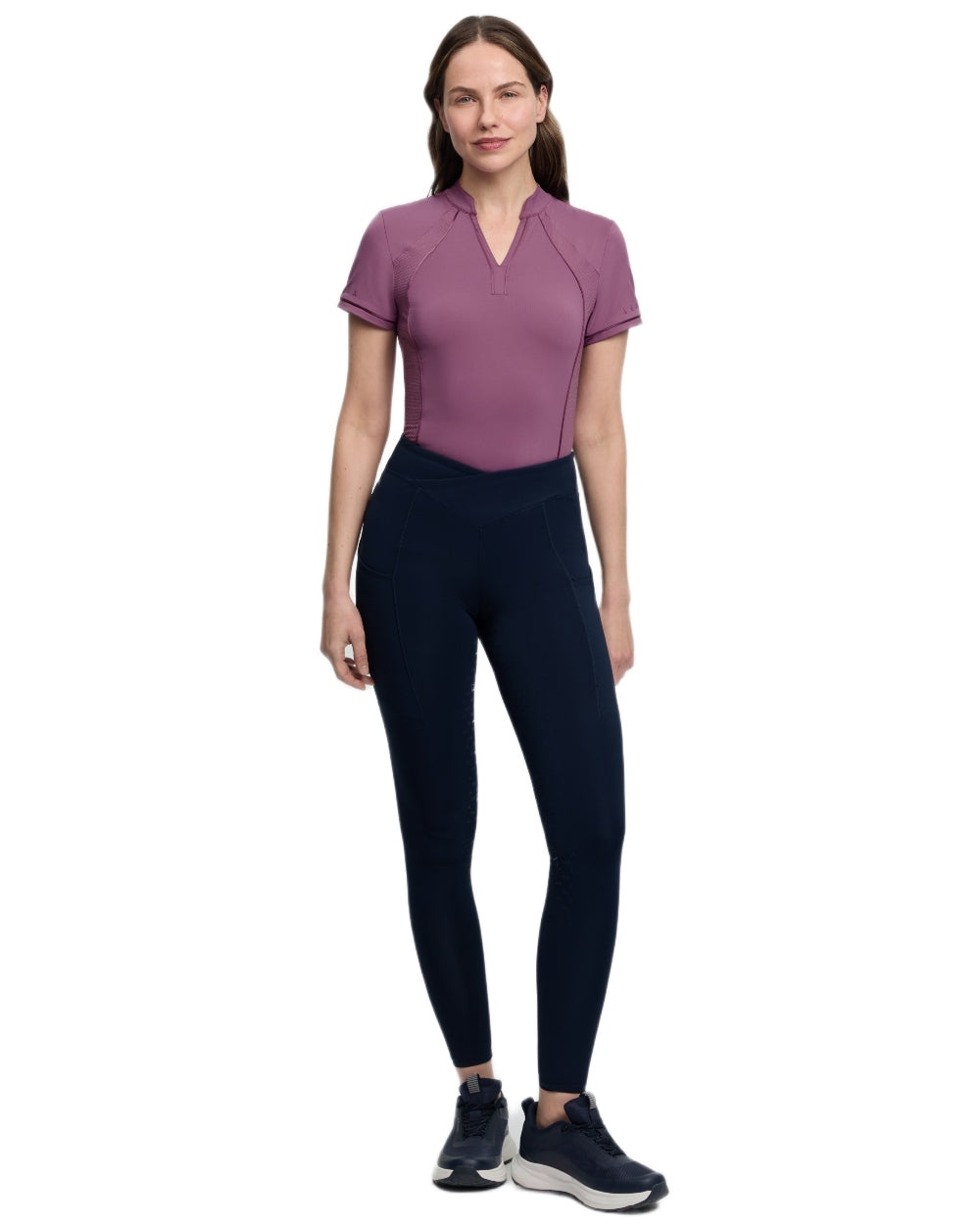 Navy coloured LeMieux Womens Simone Cross Over Half Seat Pull On Breeches on white background 