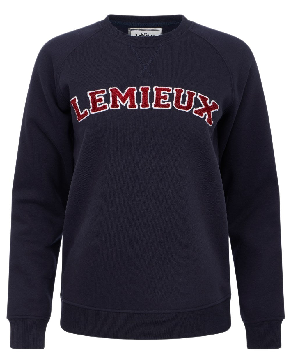 Navy coloured LeMieux Womens Vida Varsity Crew Neck Sweatshirt on white background 
