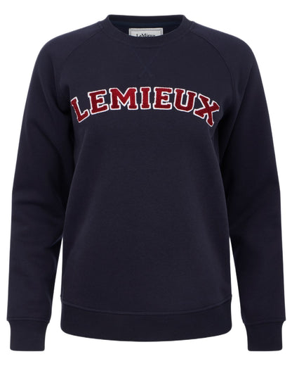 Navy coloured LeMieux Womens Vida Varsity Crew Neck Sweatshirt on white background 