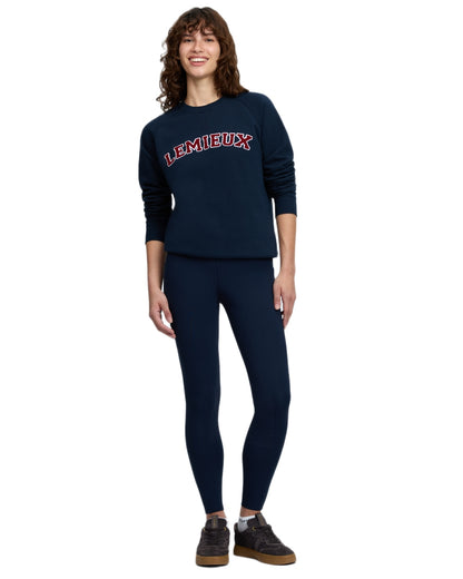 Navy coloured LeMieux Womens Vida Varsity Crew Neck Sweatshirt on white background 